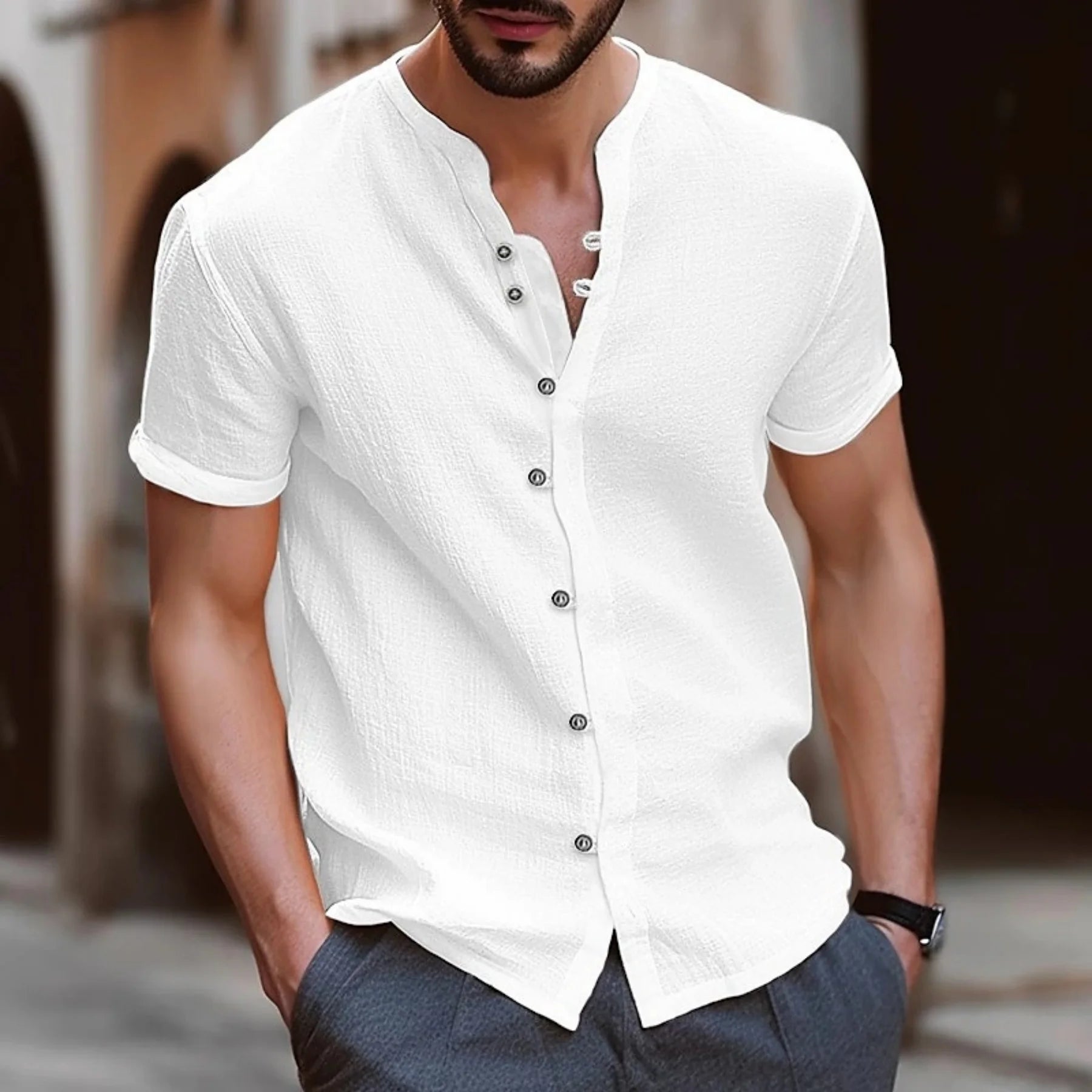 Summer fashion men's linen shirt, retro cotton and linen casual, form-fitting solid color short-sleeved stand-up collar carpusan