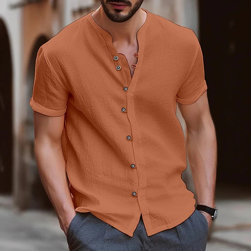 Summer fashion men's linen shirt, retro cotton and linen casual, form-fitting solid color short-sleeved stand-up collar carpusan