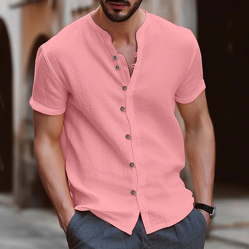 Summer fashion men's linen shirt, retro cotton and linen casual, form-fitting solid color short-sleeved stand-up collar carpusan