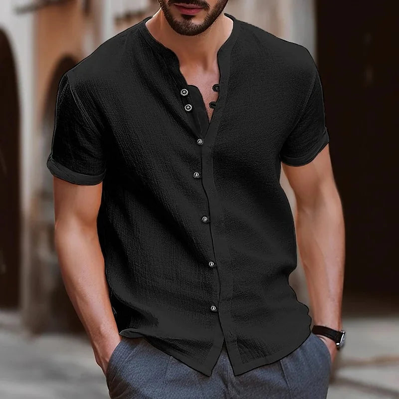 Summer fashion men's linen shirt, retro cotton and linen casual, form-fitting solid color short-sleeved stand-up collar carpusan