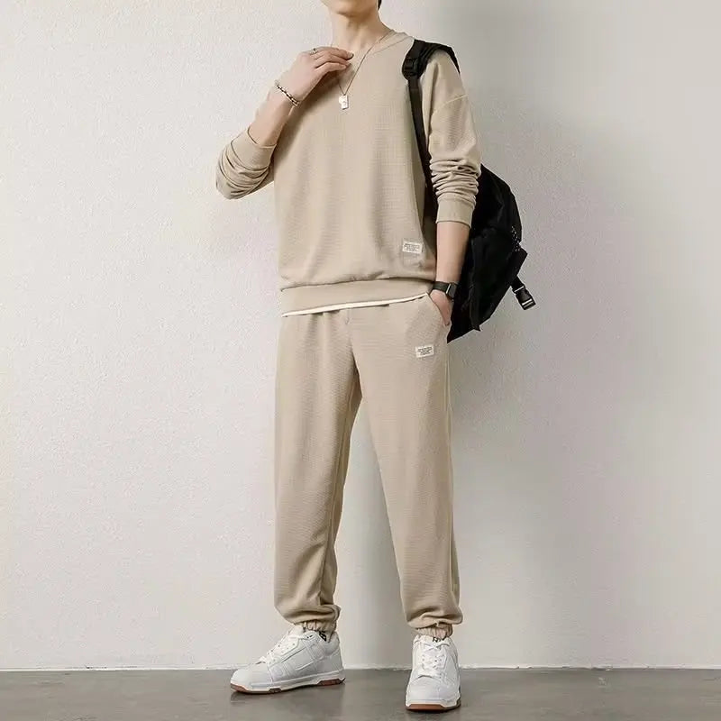 Fashion Men's Tracksuit Suit Autumn Warm Tracksuit Mens Casual Solid Waffle Sweatpant Set Unisex Jogging Suit 2022 Men Clothes