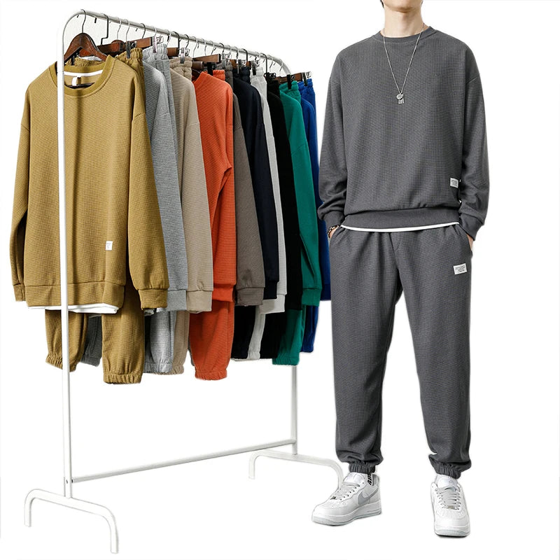 Fashion Men's Tracksuit Suit Autumn Warm Tracksuit Mens Casual Solid Waffle Sweatpant Set Unisex Jogging Suit 2022 Men Clothes