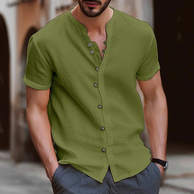 Summer fashion men's linen shirt, retro cotton and linen casual, form-fitting solid color short-sleeved stand-up collar carpusan