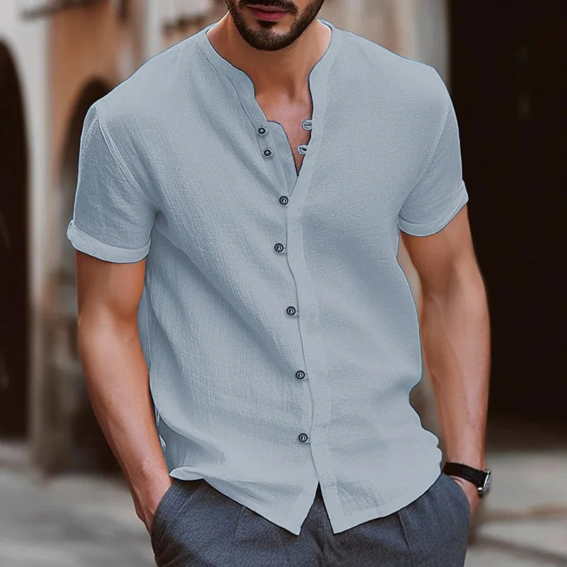 Summer fashion men's linen shirt, retro cotton and linen casual, form-fitting solid color short-sleeved stand-up collar carpusan