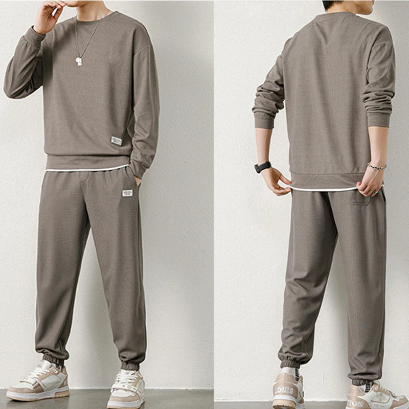 Fashion Men's Tracksuit Suit Autumn Warm Tracksuit Mens Casual Solid Waffle Sweatpant Set Unisex Jogging Suit 2022 Men Clothes