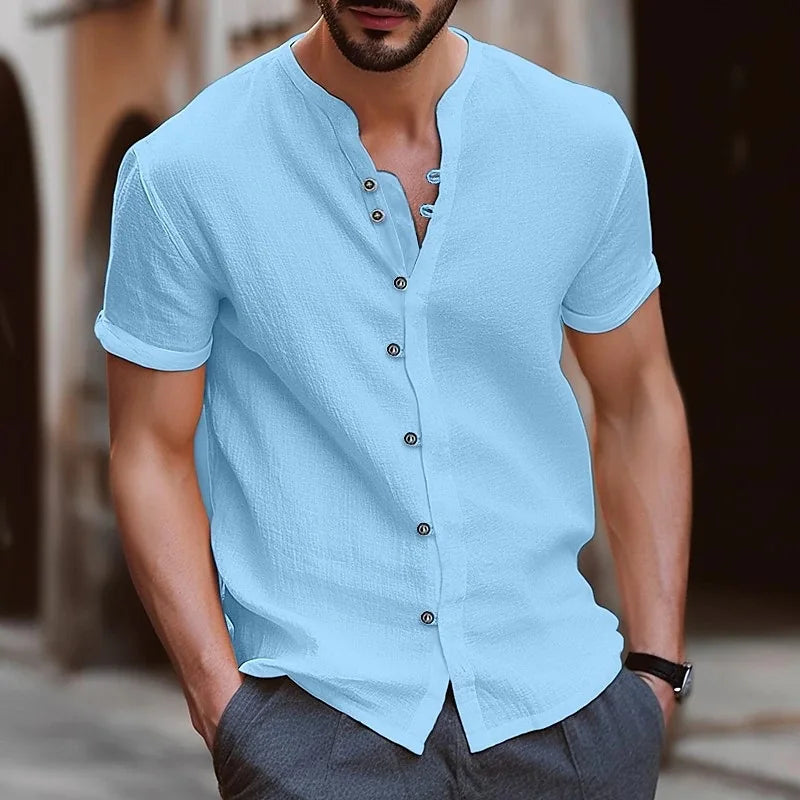 Summer fashion men's linen shirt, retro cotton and linen casual, form-fitting solid color short-sleeved stand-up collar carpusan