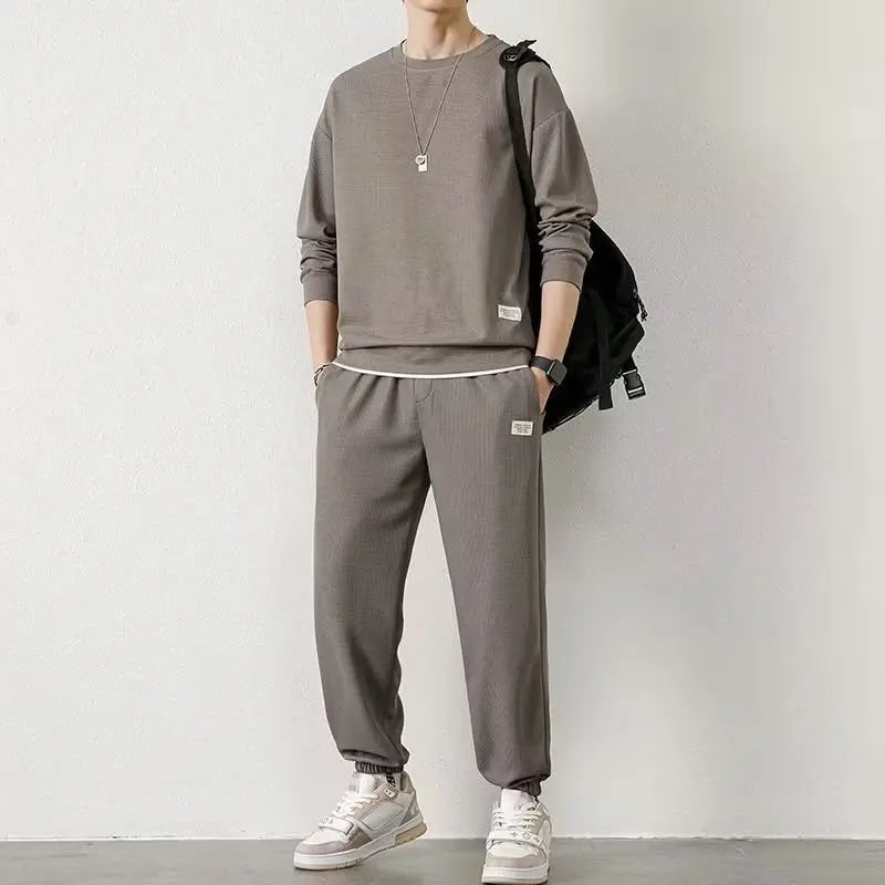 Fashion Men's Tracksuit Suit Autumn Warm Tracksuit Mens Casual Solid Waffle Sweatpant Set Unisex Jogging Suit 2022 Men Clothes