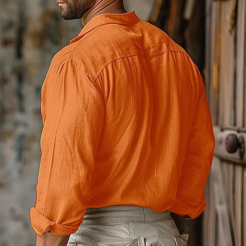 Casual Drawstring V Neck Lapel Linen Shirt Mens Pullover Long Sleeve Loose Pure Color Tops Men Clothes Vintage Shirts Streetwear